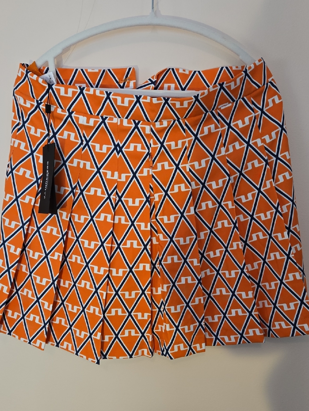 J.Lindeberg Orange Geometric Pleated Mini Skirt With Attached Short SZ. XL